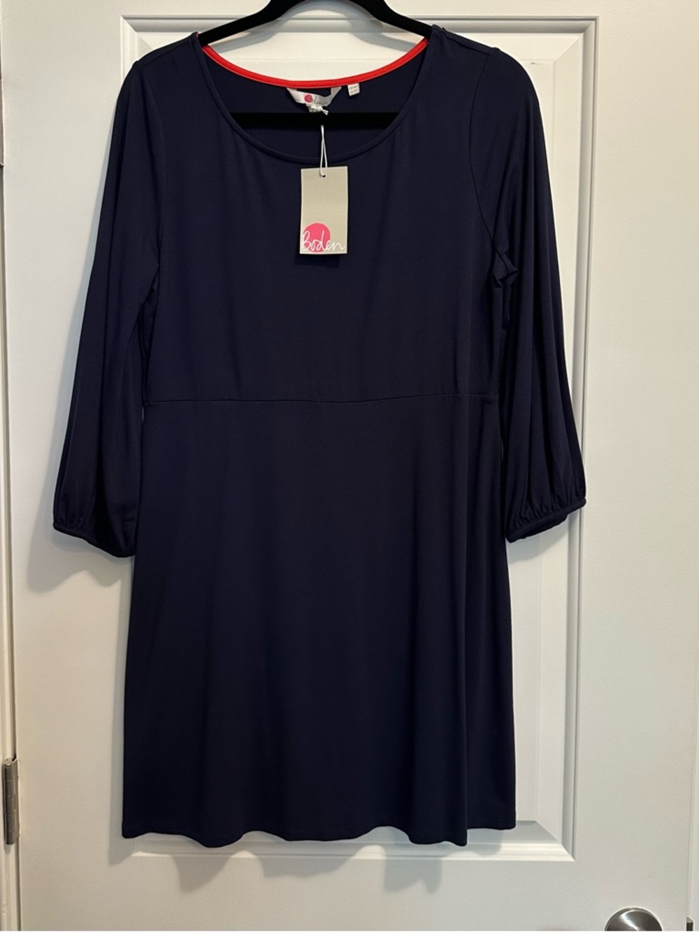 Boden Navy Long Sleeve Dress with Red Neckline Trim